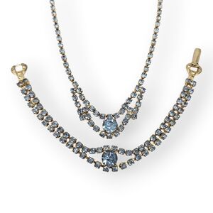 Vintage Blue Rhinestone Necklace Bracelet Set Gold Plated Mid Century MCM 16.5"